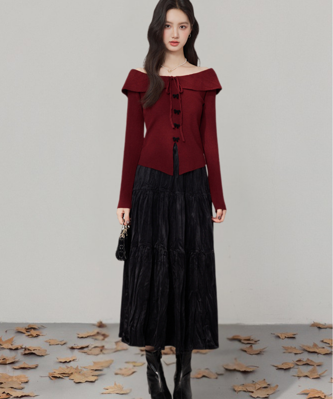 オフショルダーリボントップス＋ティアードスカート 2点セット