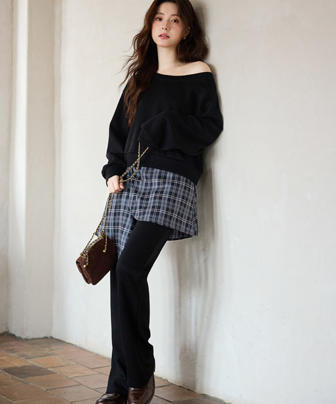 オフショルダートップス＋チェックレイヤードパンツ 2点セット