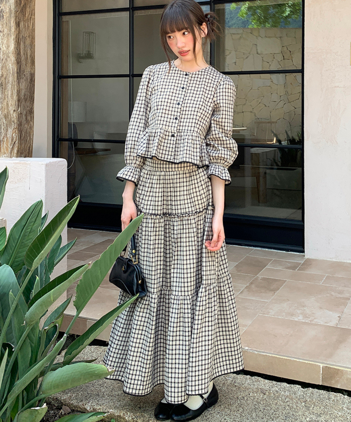 チェック柄ペプラムブラウス＋ティアードスカート 2点セット