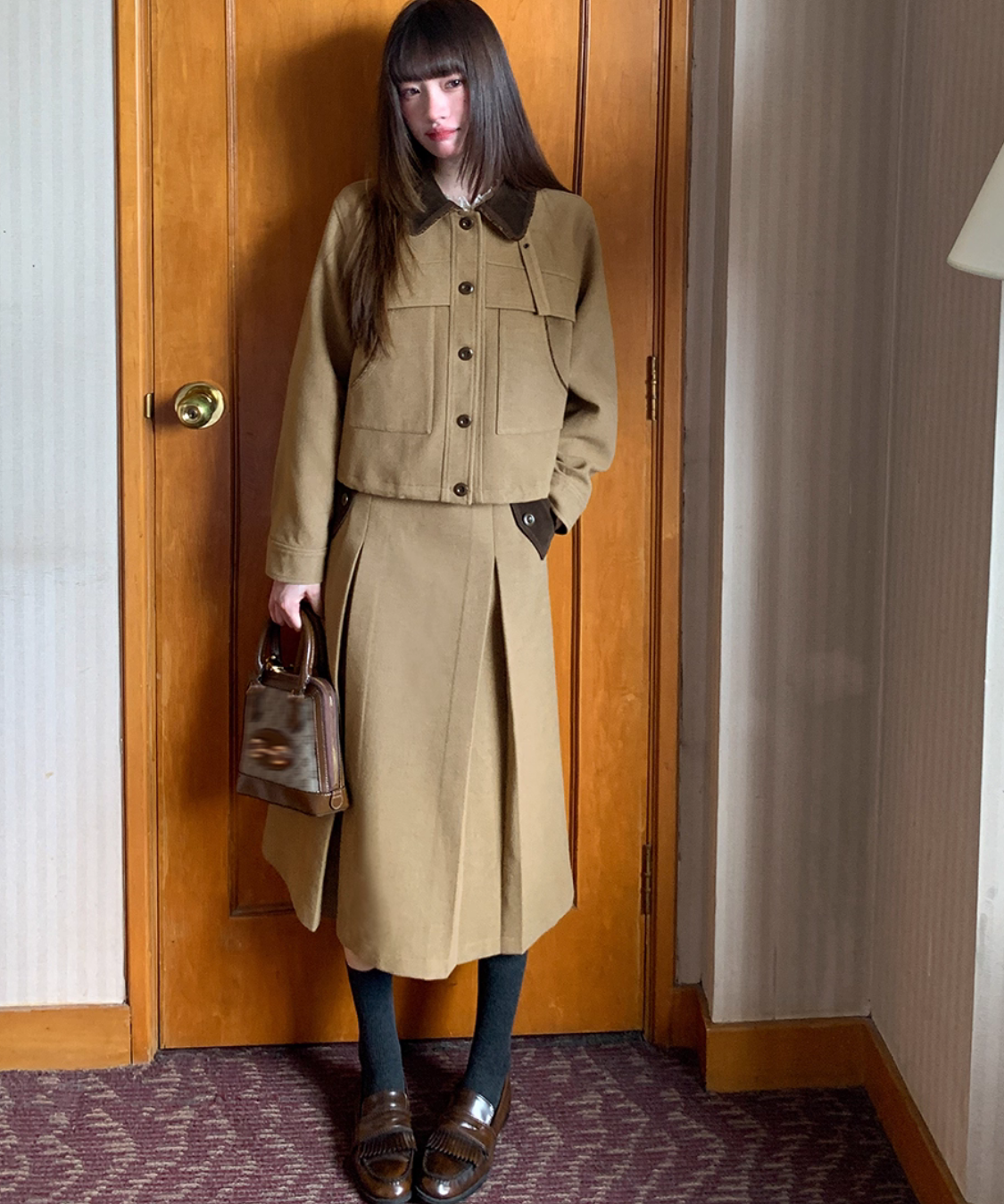 ドロスト付き配色ジャケット＋ボックスプリーツスカート 2点セット