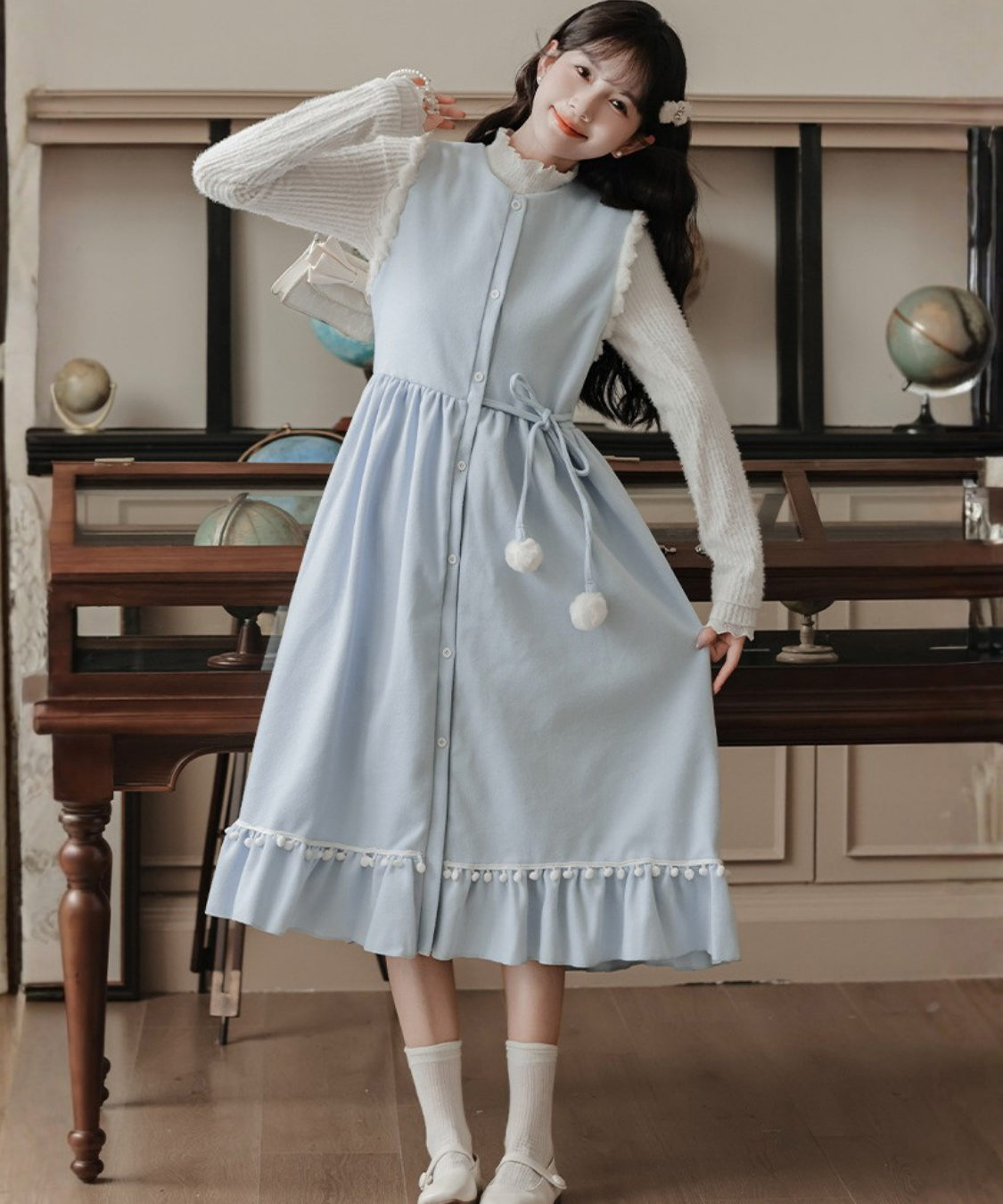 ポンポンリボンワンピース＋リブフリルニット 2点セット