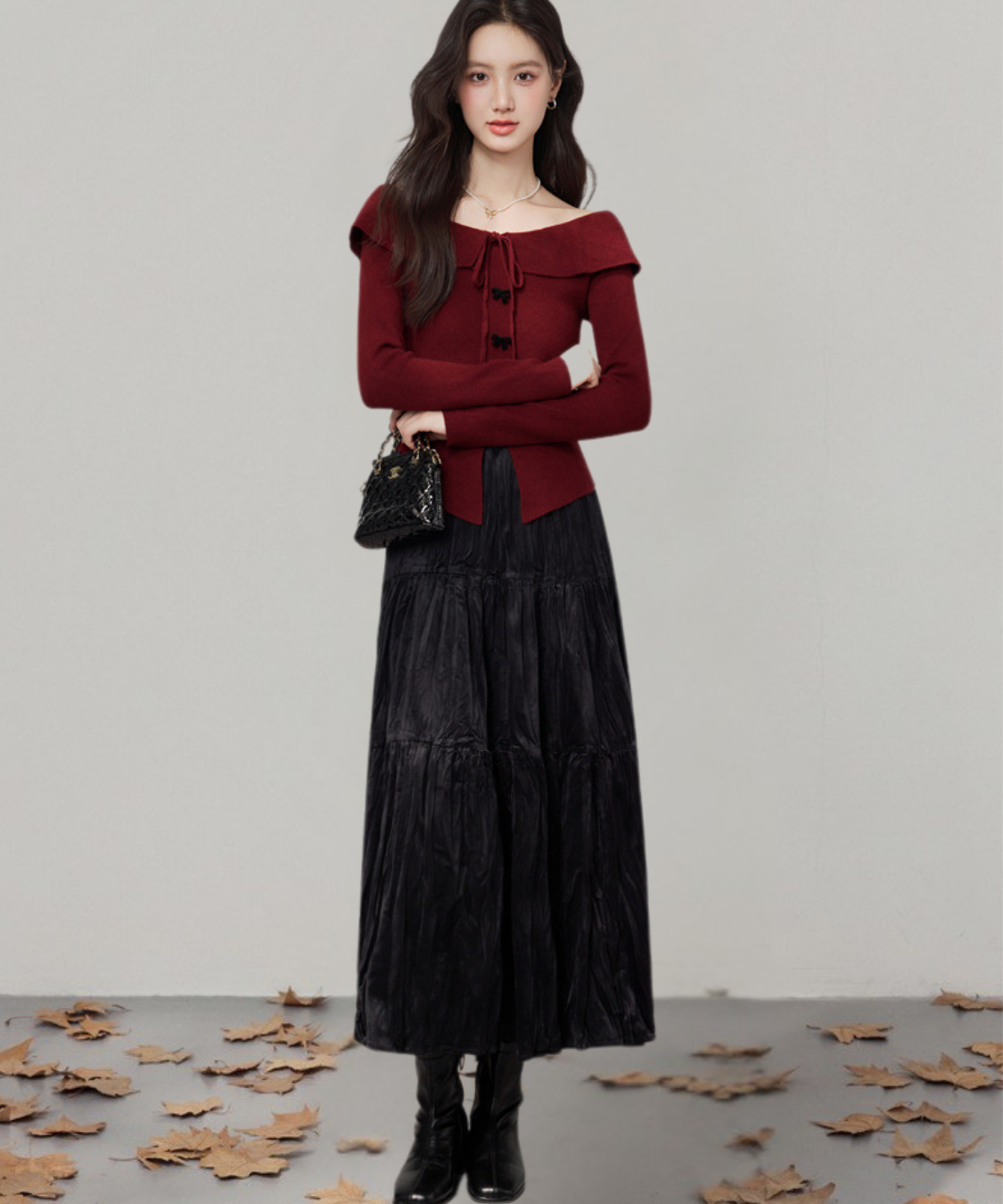 オフショルダーリボントップス＋ティアードスカート 2点セット