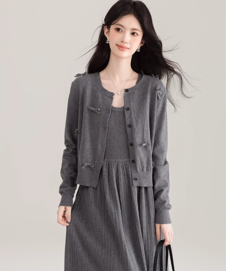 グレースコンチネンタル　ダイアグラム　ワンピース　カーディガン２点セット リボンカーディガン＋プリーツニットワンピース2点セット – jemiremi