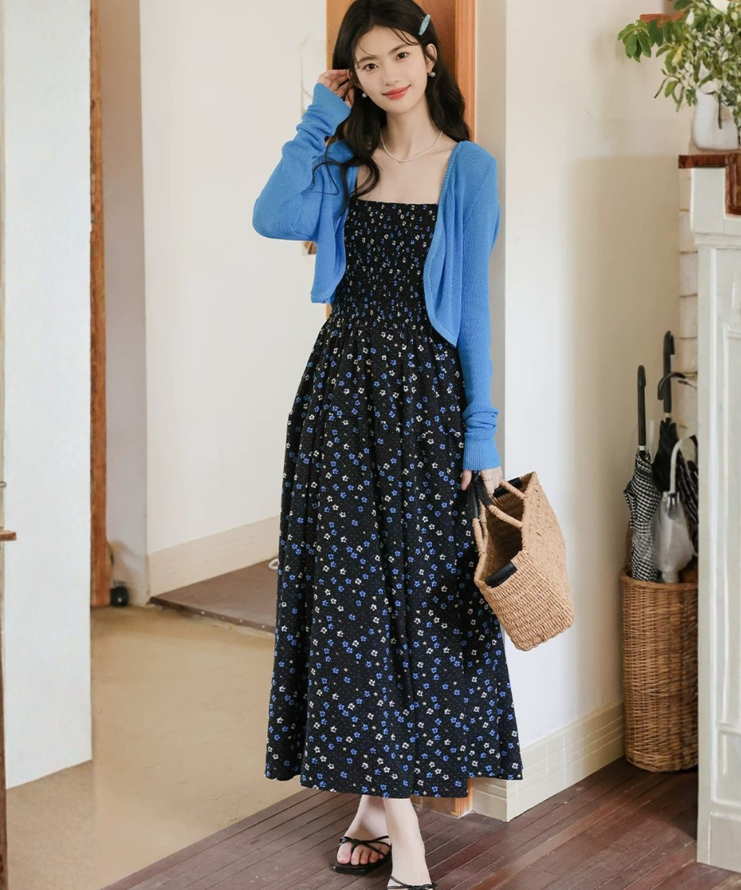 ショートカーディガン＋小花柄シャーリングワンピース 2点セット