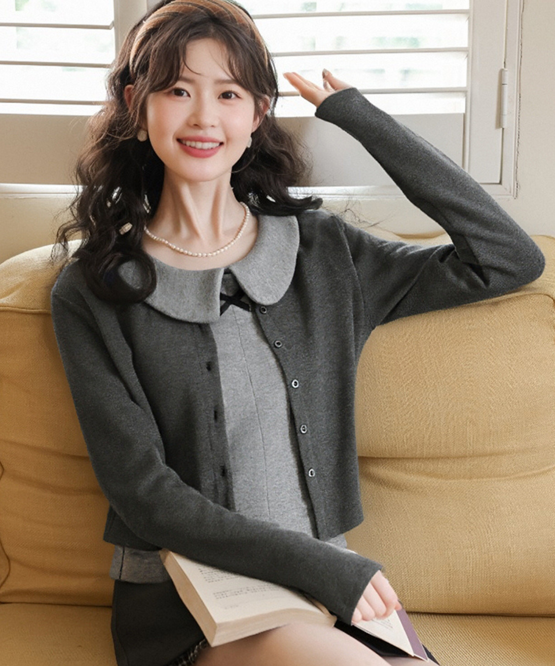 丸襟リボンノースリーブ＋カーディガン 2点セット