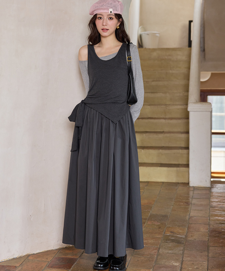 アシンメトリーノースリーブ＋ワンショルダー風ワンピース2点