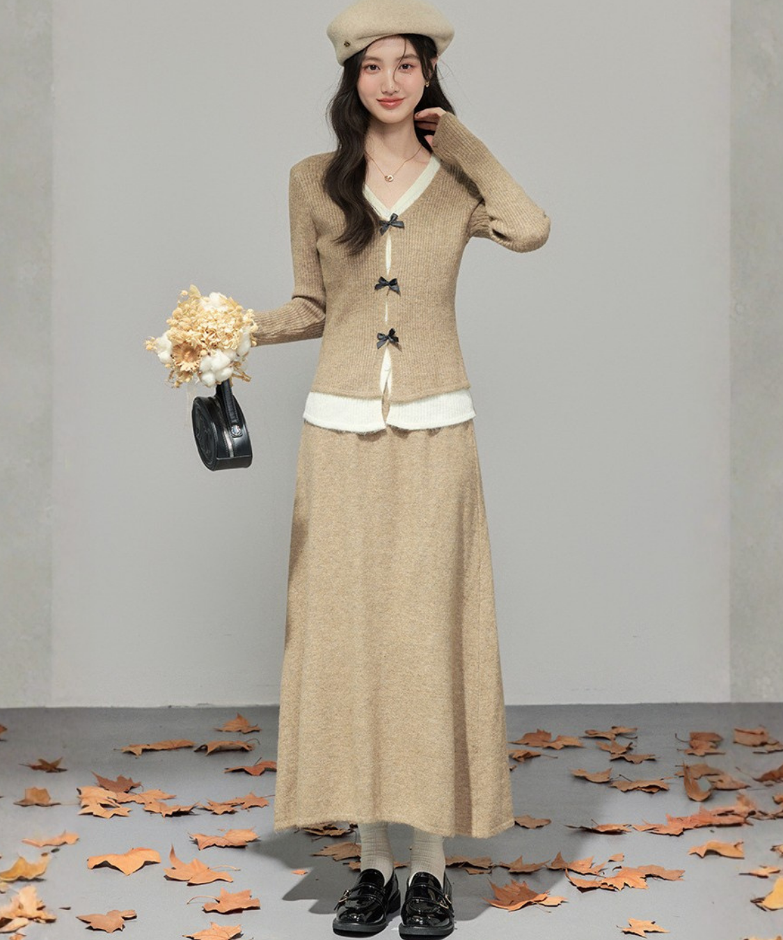 フロントリボンリブカーデ＋ロングニットスカート 2点セット