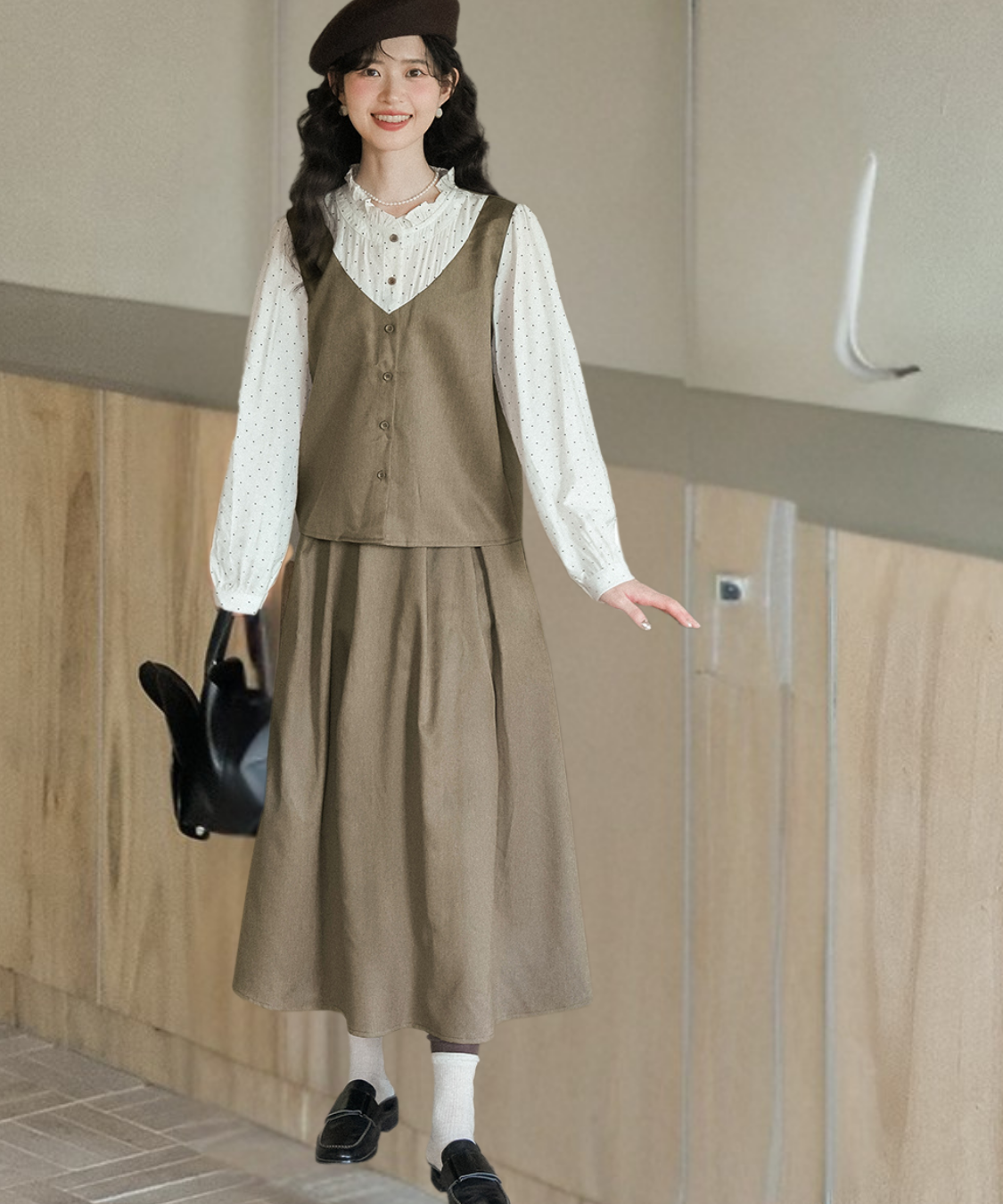 ドット柄ブラウスドッキングベスト＋タック入りスカート 2点セット