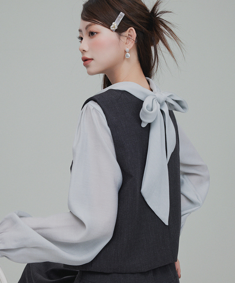 バックリボンブラウス＋無地ノースリーブベスト＋フレアタックスカート 3点セット