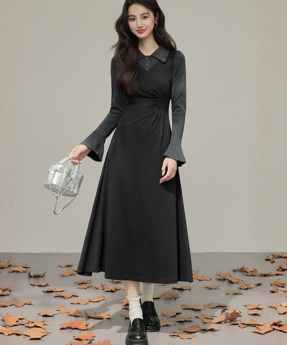 フェイク2ピース風シャツカラーニットワンピース