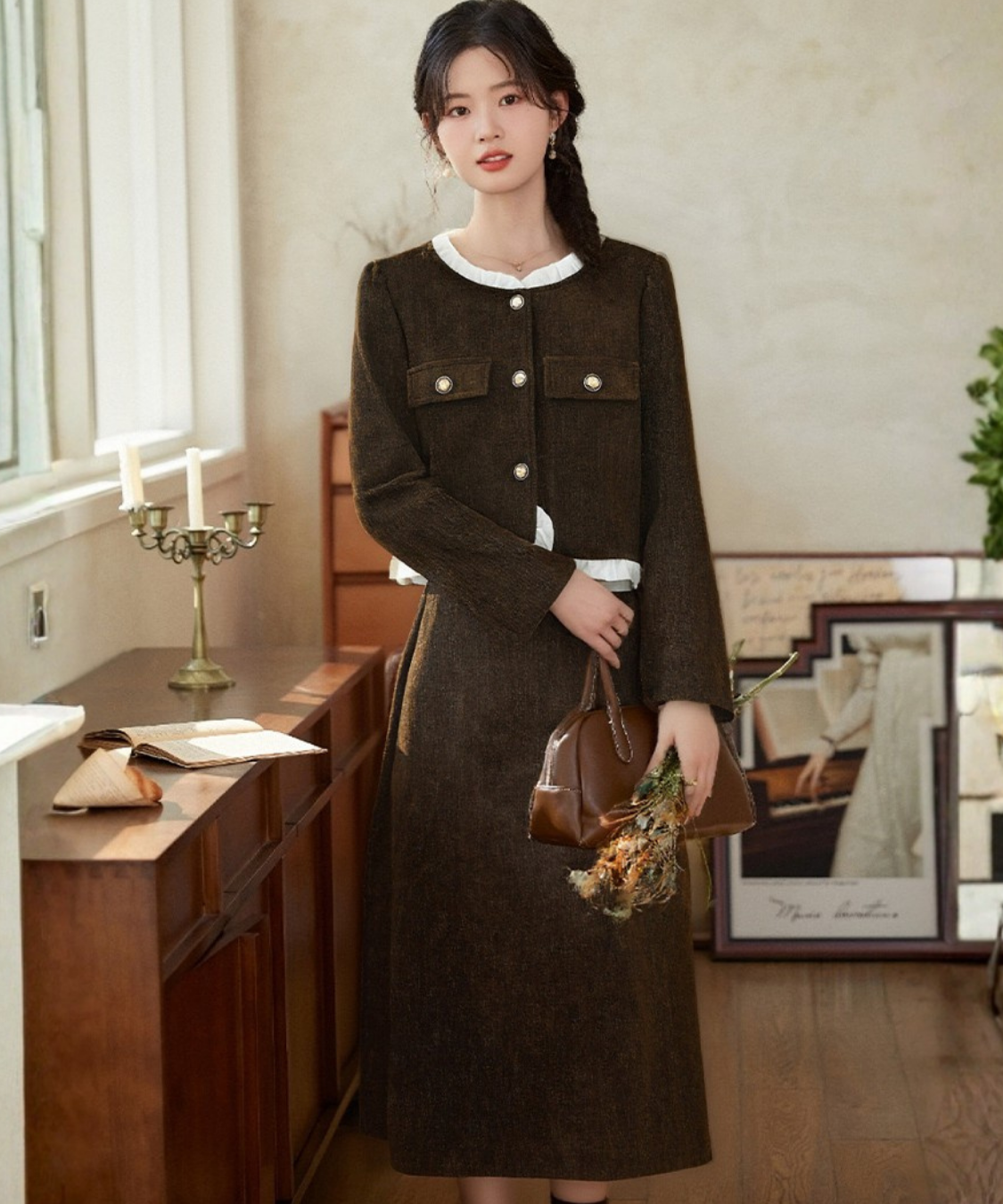 フリル襟コーデュロイジャケット＋ストレートスカート 2点セット