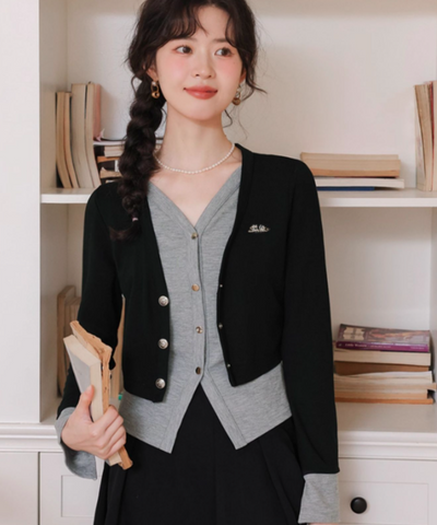 カーディガン風ドッキングトップス＋タックフレアスカート 2点セット