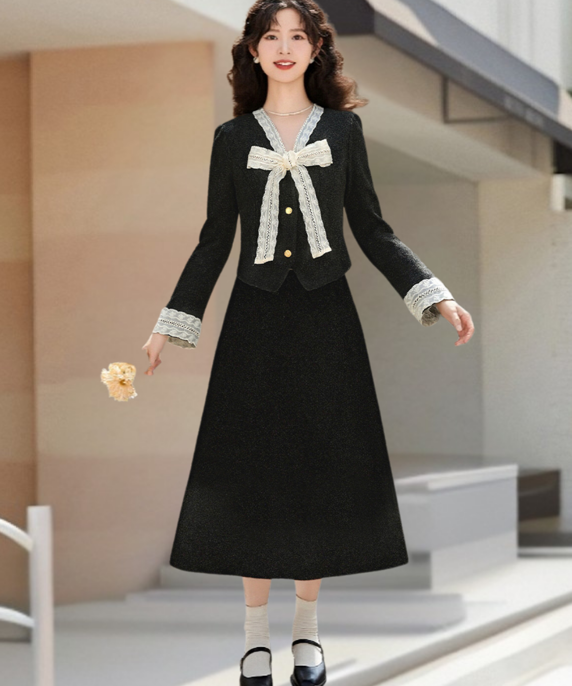 リボンタイレーストリムジャケット＋スカート 2点セット