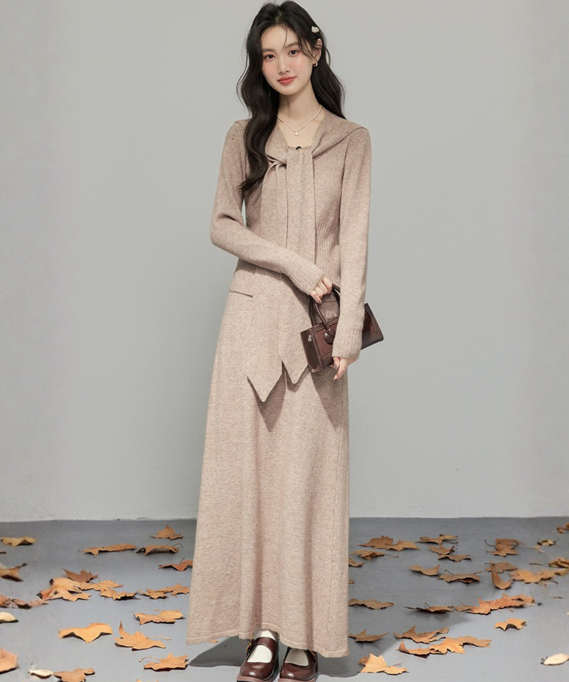 取り外しリボンタイセーラーショール付ニット＋スカート 2点セット