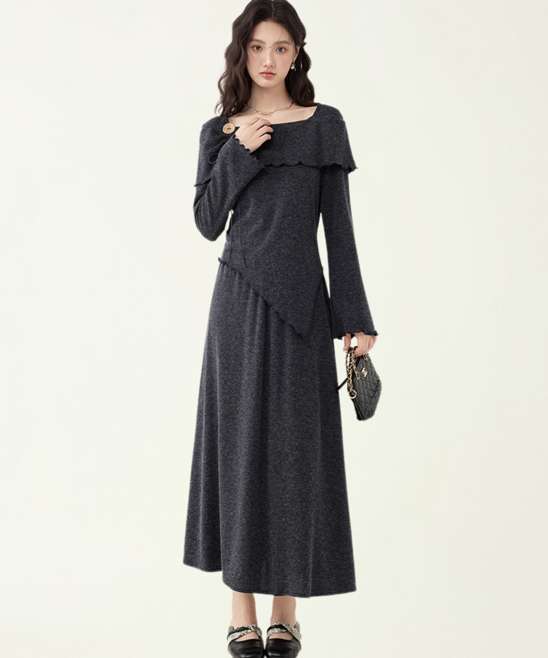 飾りリボン付きアシンメトリートップス＋フレアスカート 2点セット