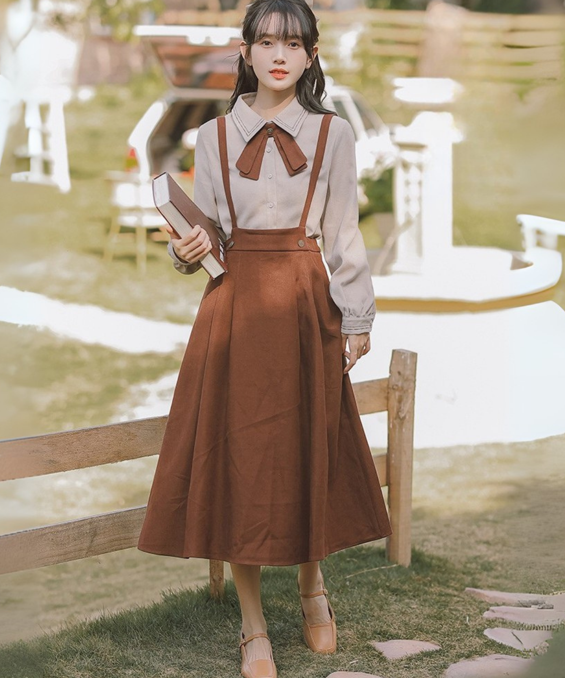 配色リボンブラウス＋サスペンダースカート2点セット