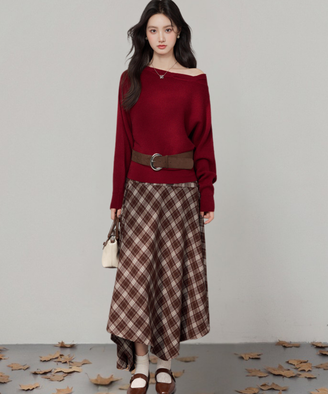 オフショルダーニット＋チェックアシンメトリースカート 2点セット
