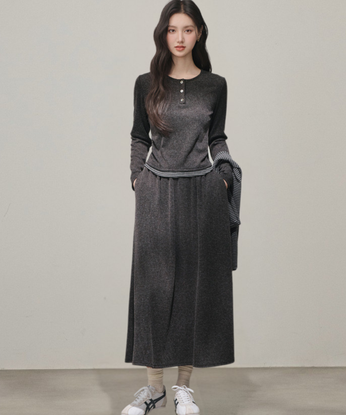 ヘンリーネックニット＋ロングスカート＋フード付きボーダーショール 3点セット