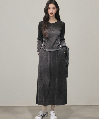 ヘンリーネックニット＋ロングスカート＋フード付きボーダーショール 3点セット