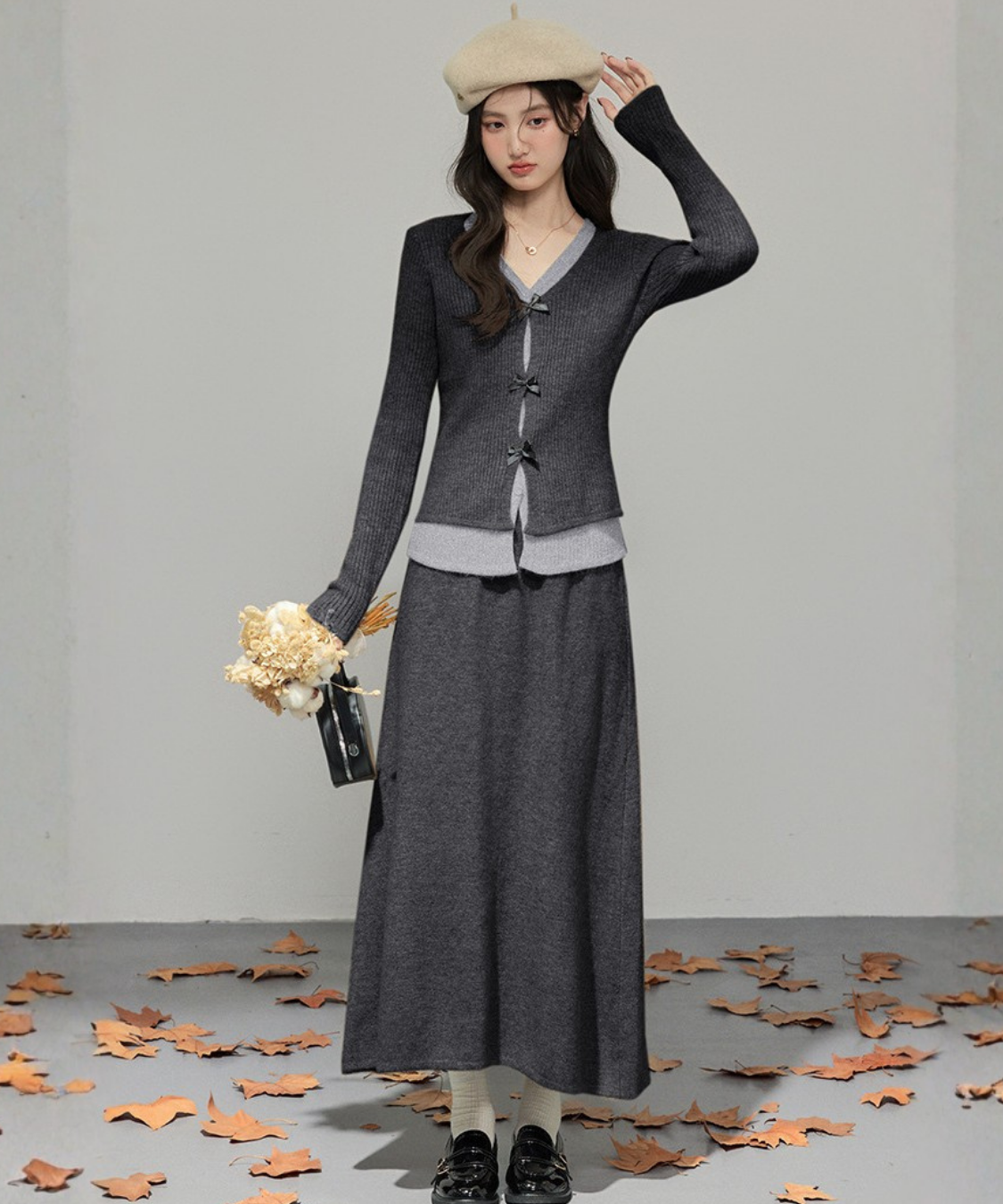 フロントリボンリブカーデ＋ロングニットスカート 2点セット