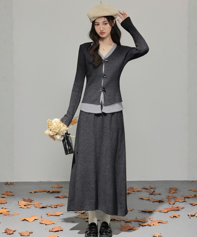 フロントリボンリブカーデ＋ロングニットスカート 2点セット