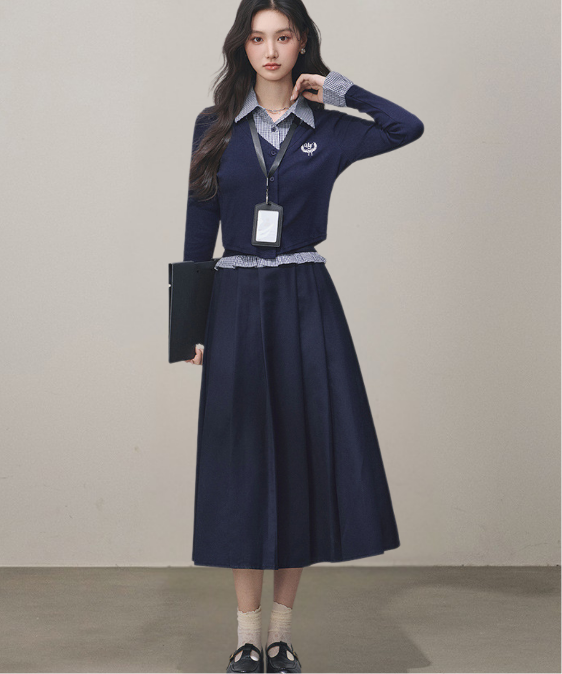 シャツ襟フェイクレイヤードトップス＋ボックスプリーツスカート 2点セット