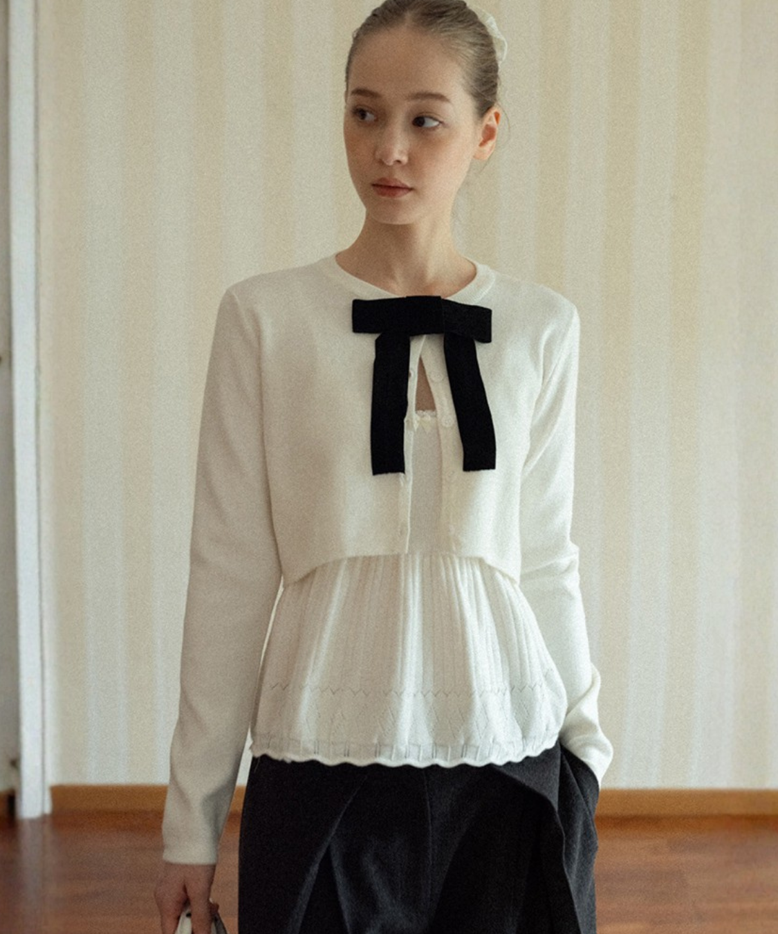 ベロアリボンカーデ＋ペプラムキャミ 2点セット