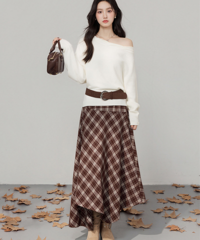 オフショルダーニット＋チェックアシンメトリースカート 2点セット