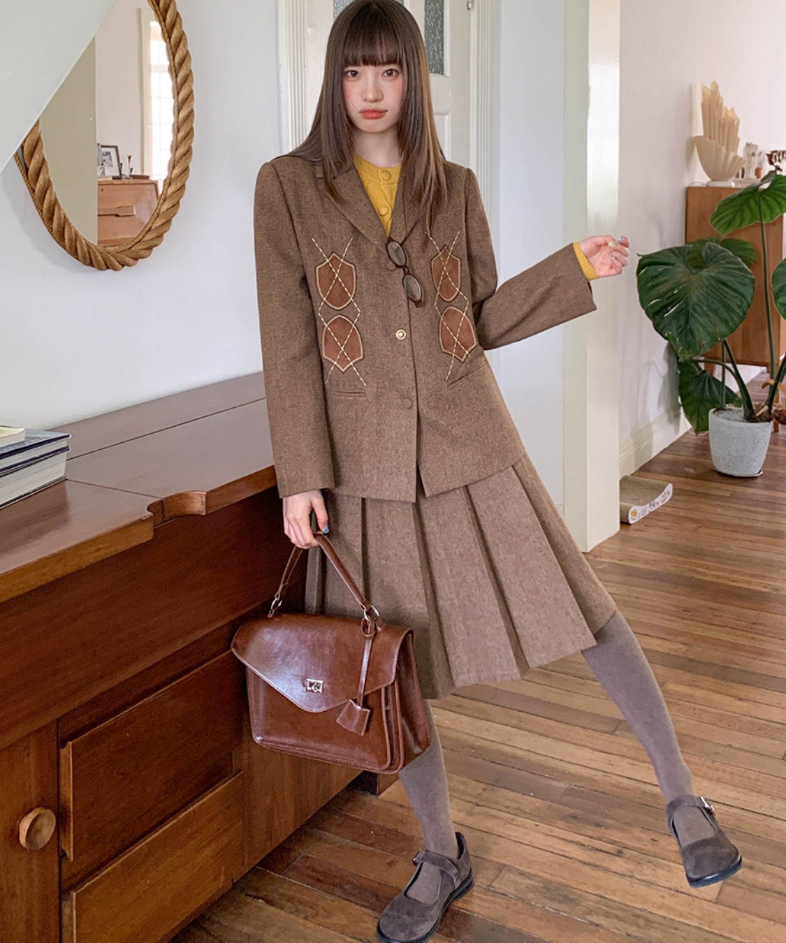 アーガイル刺繍ジャケット＋ボックスプリーツスカート 2点セット