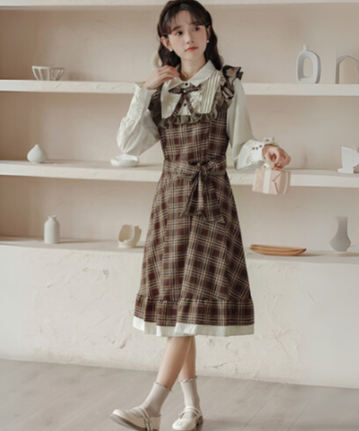 ピンタックブラウスドッキングチェック柄ワンピース