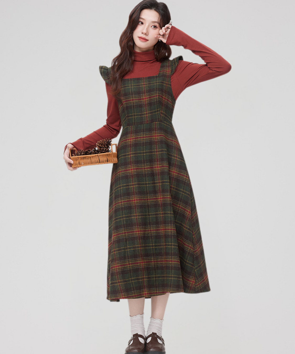 スクエアネック肩フリルチェック柄ワンピース