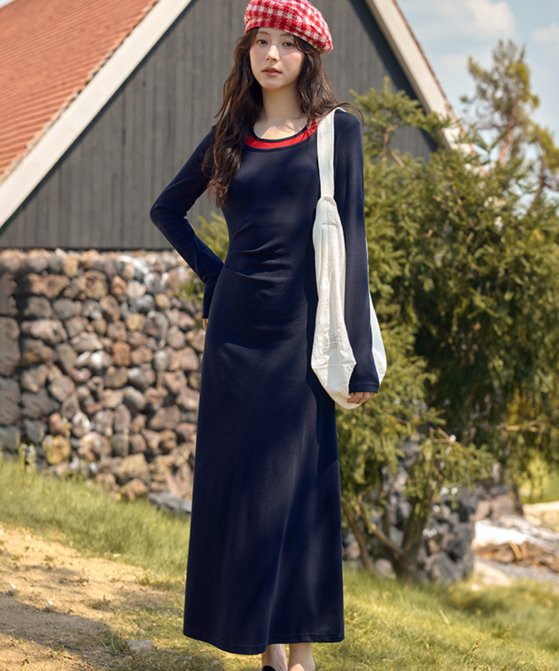 配色フェイクレイヤードネックリボン付きワンピース