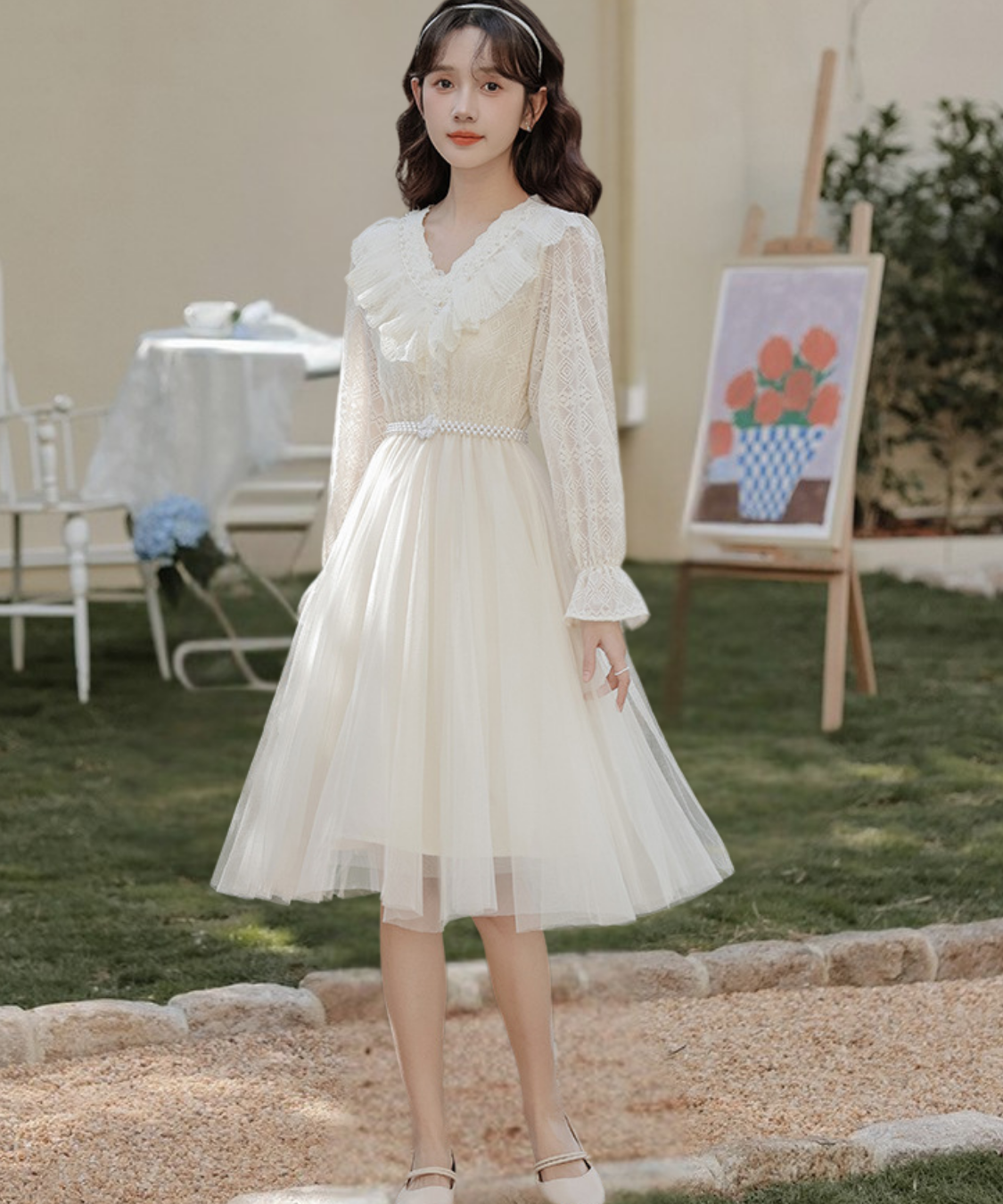 ラッフルカラーレース長袖パールベルトワンピース – jemiremi