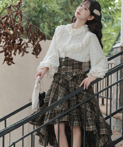 コルセット風ハイウエストチェックフリルスカート