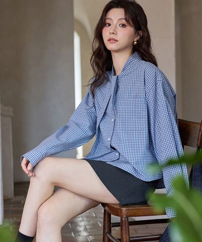 リボンタイ付きチェックブラウス