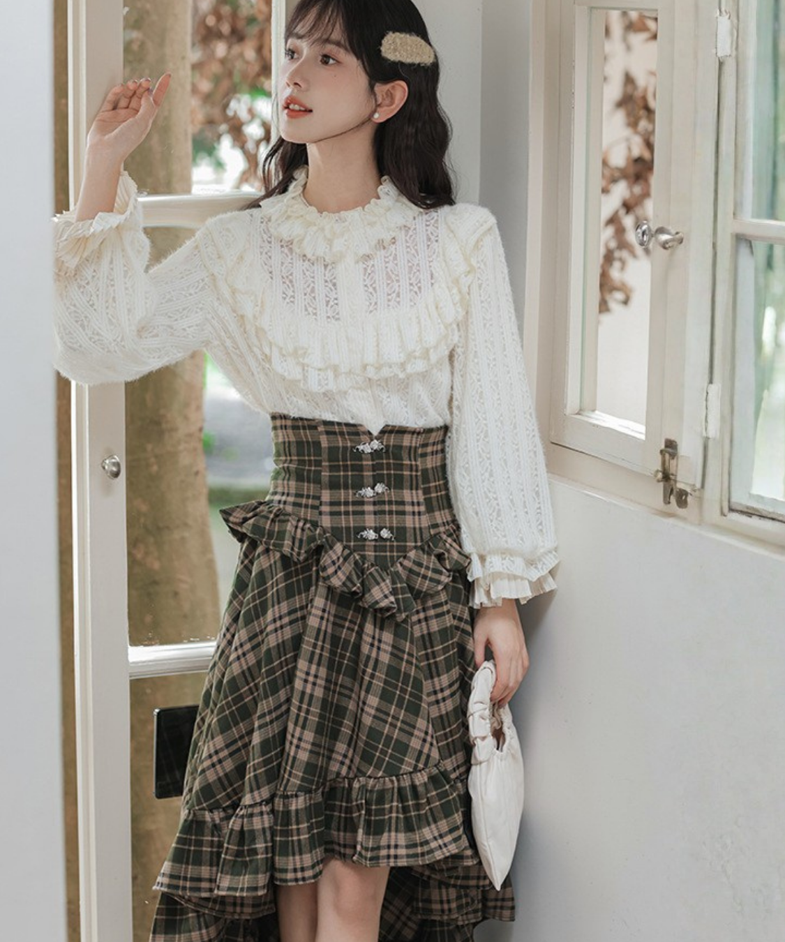 コルセット風ハイウエストチェックフリルスカート