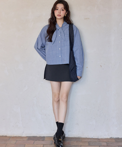 リボンタイ付きチェックブラウス