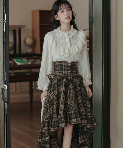 コルセット風ハイウエストチェックフリルスカート