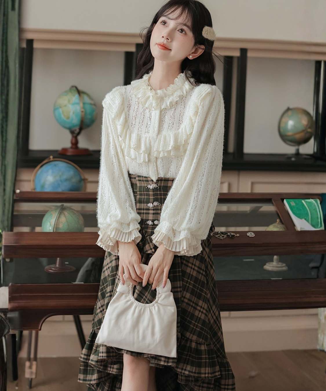 コルセット風ハイウエストチェックフリルスカート