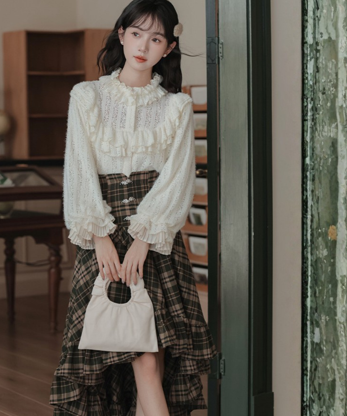 コルセット風ハイウエストチェックフリルスカート