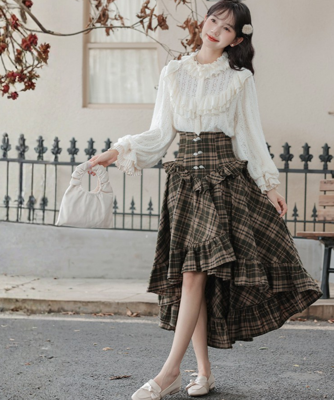 コルセット風ハイウエストチェックフリルスカート