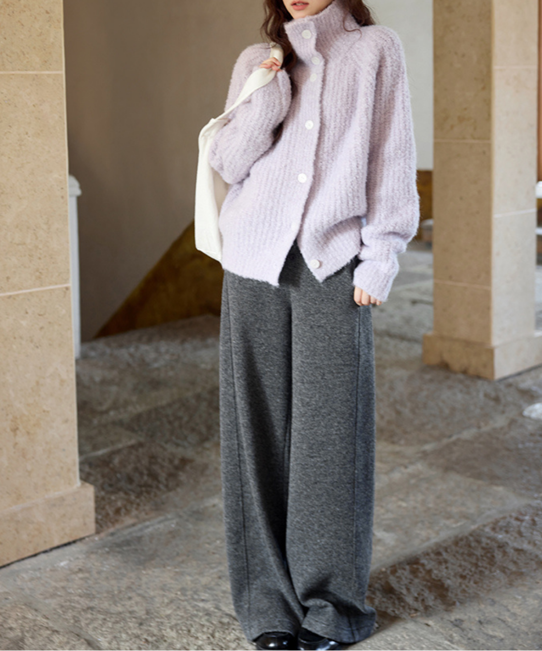 フロントボタンニットワイドパンツ