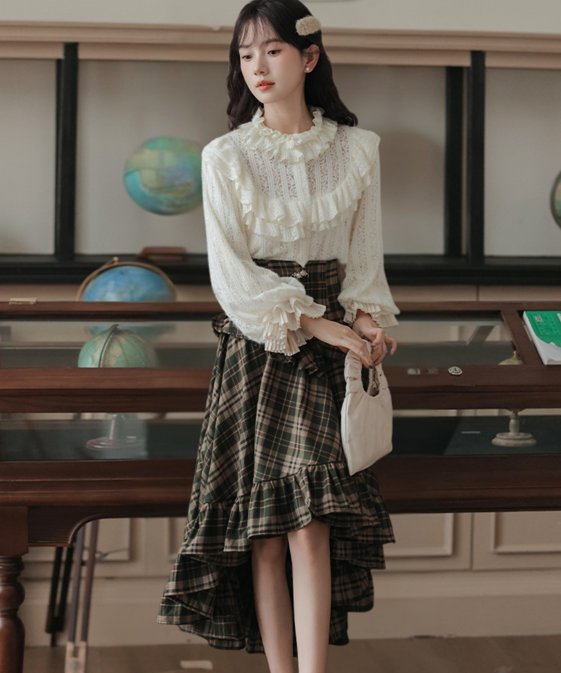 コルセット風ハイウエストチェックフリルスカート