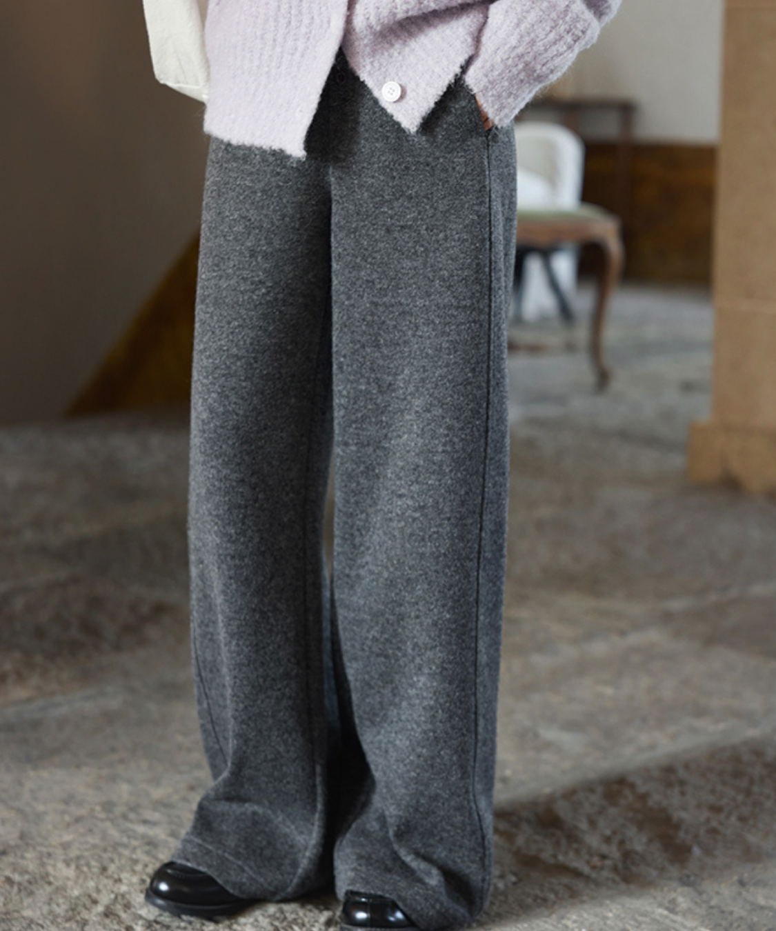 フロントボタンニットワイドパンツ