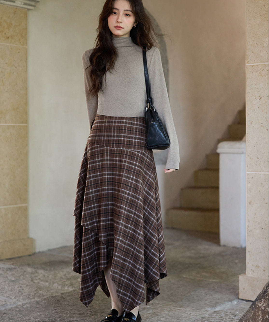 チェック柄イレヘムロングスカート