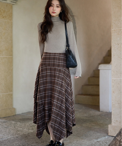 チェック柄イレヘムロングスカート
