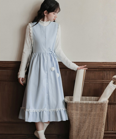 ポンポンリボンワンピース＋リブフリルニット 2点セット