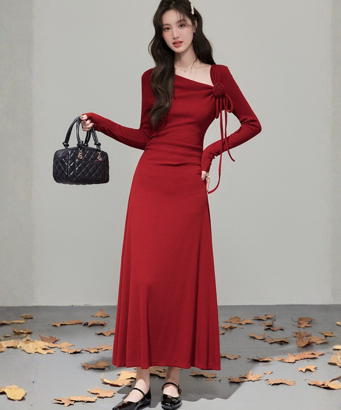 フラワーモチーフリボンリブニットワンピース