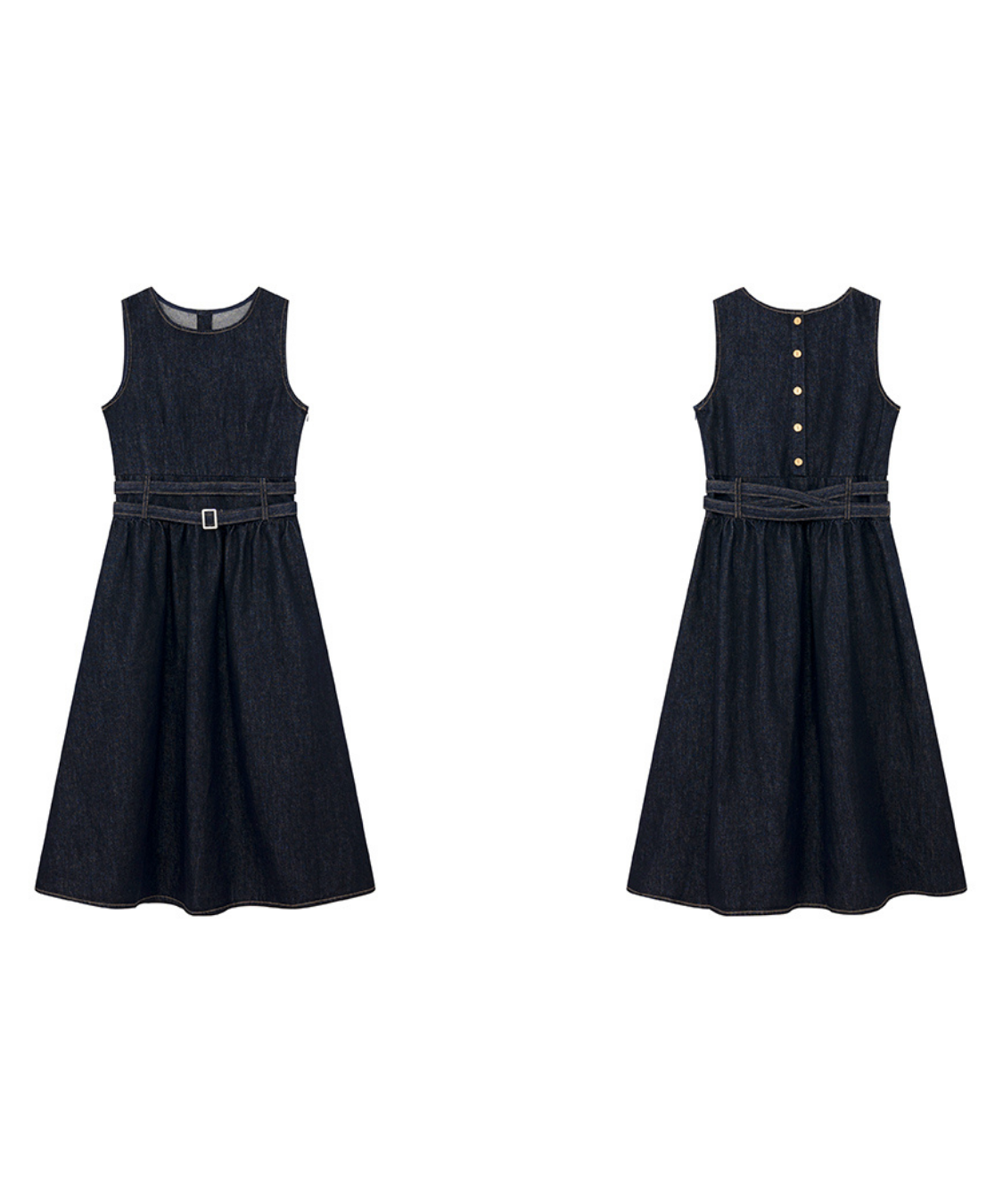 ウエストデザインデニムノースリーブワンピース