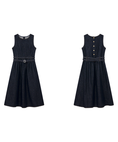 ウエストデザインデニムノースリーブワンピース
